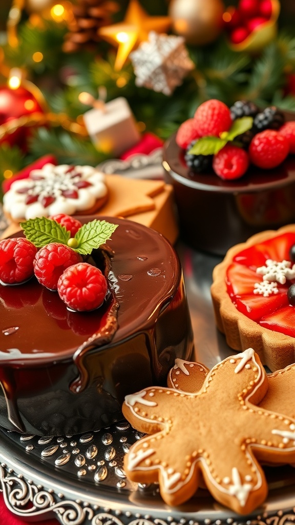A festive display of chocolate cake, fruit tart, and gingerbread cookies on a holiday-themed table.